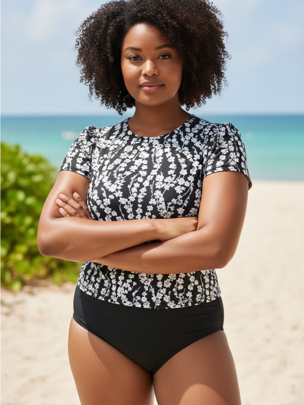 Lands' End Black and White Floral Vine Long Length Swim Top- Size 12L